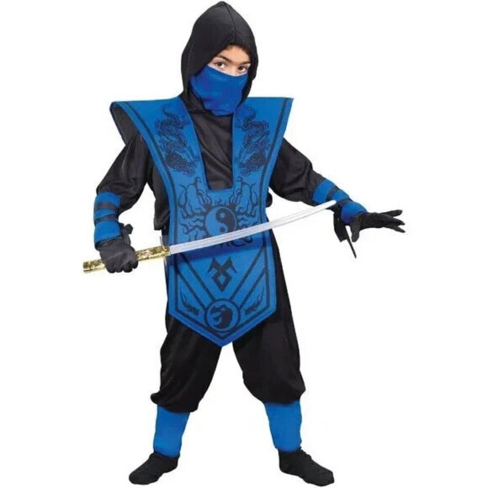 NEW Blue Complete Ninja Costume Halloween Boys Medium 8 Hooded Shirt Pants Tunic